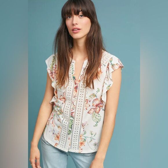Anthropologie Mauve Large Button Down Kailana Flutter-Sleeve Top Embroidered - Picture 1 of 8